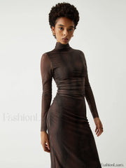 Illusion Tulle Print Mock Modern Neck Mesh Midi Dress Dresses