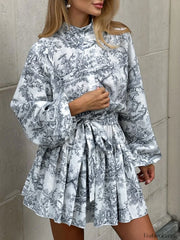 Ink Painting Print Tie Modern Up A Line Short Dress Grey / XS Dresses