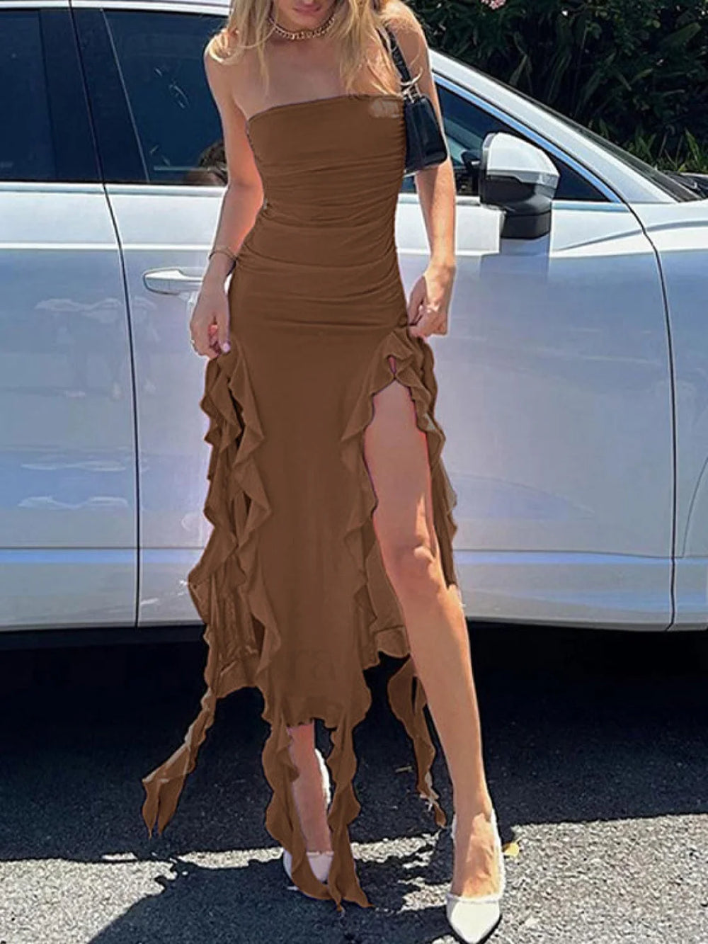 Irregular Ruffle Bandeau Maxi Dress Maxi Dresses