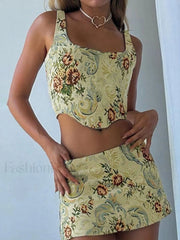 Jacquard Corset Top & Mini Skirt Set Apricot / S Two Piece Outfits