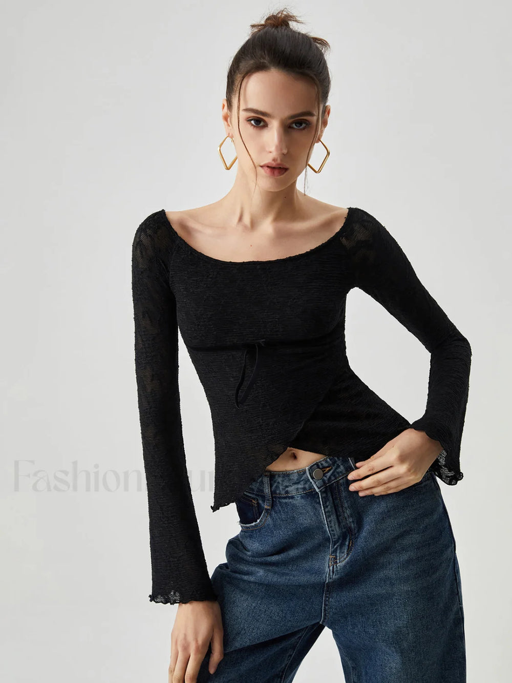 Jacquard Lace Semi sheer Trendy Bowknot Crossover Blouse Black / XS Blouses