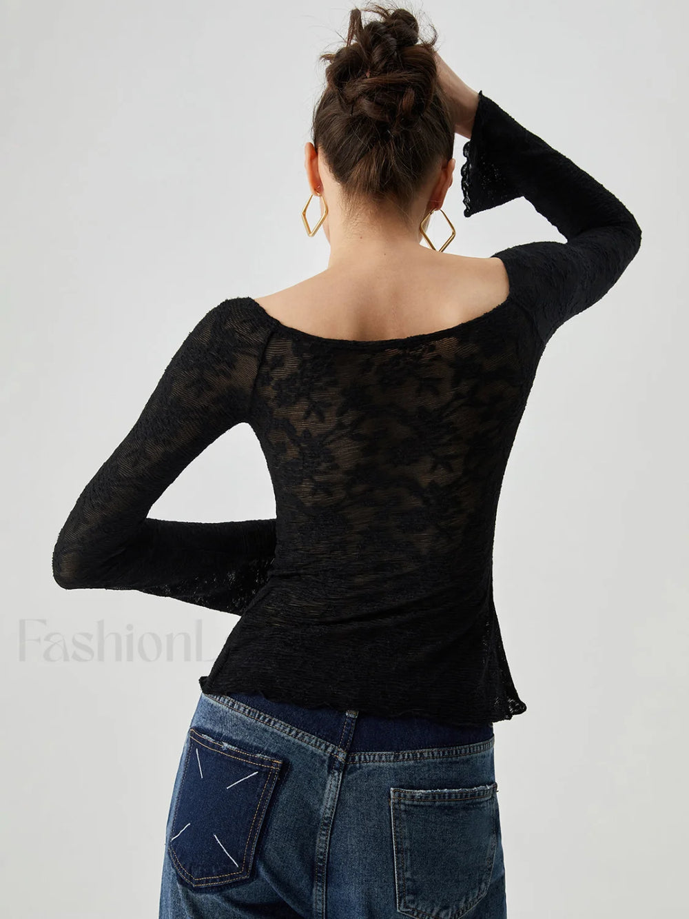 Jacquard Lace Semi sheer Trendy Bowknot Crossover Blouse Blouses