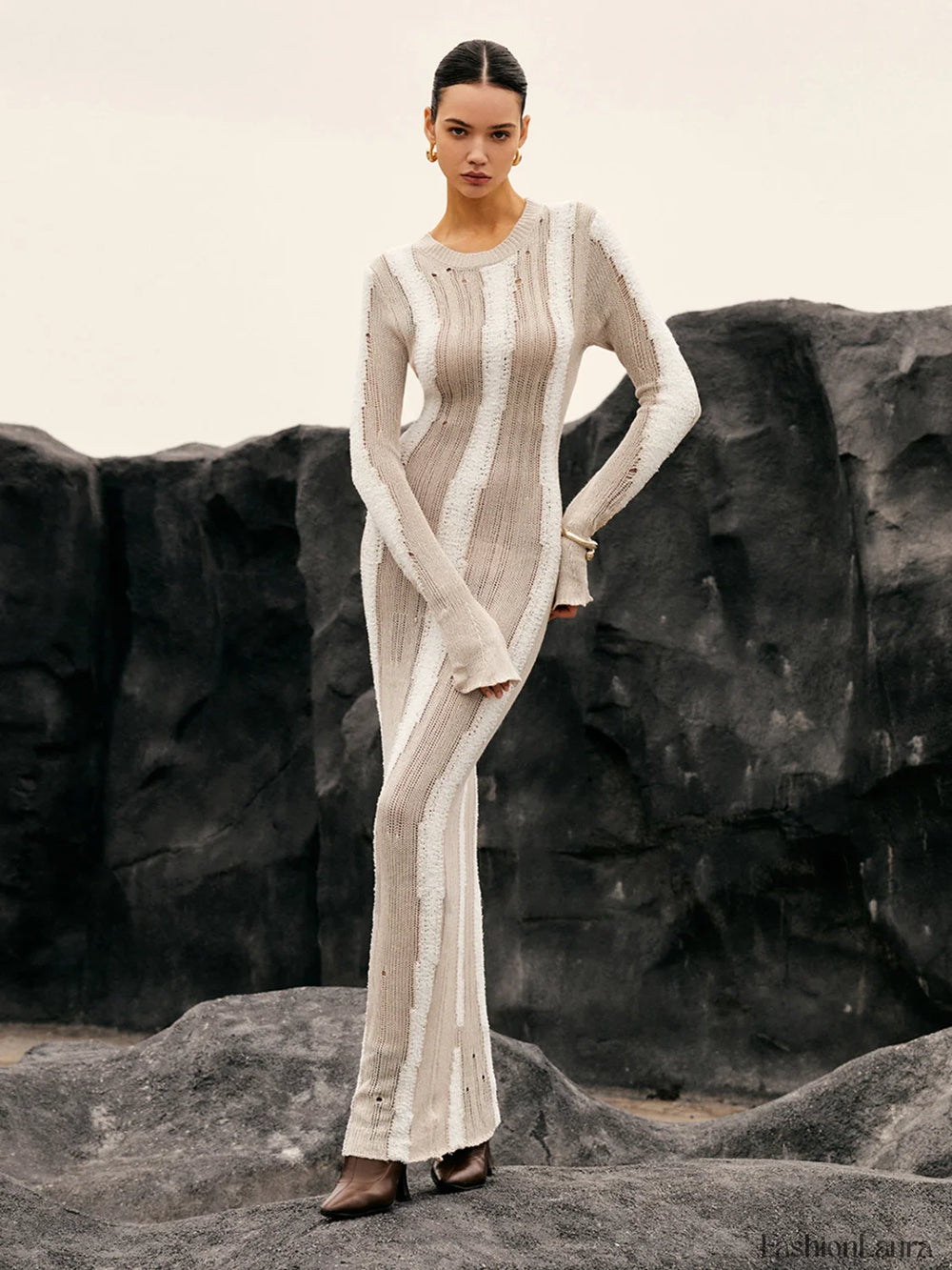 Jacquard Striped Graceful Crochet Long Dress Khaki / S Sweaters L