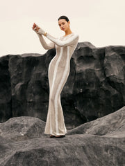 Jacquard Striped Graceful Crochet Long Dress Sweaters L