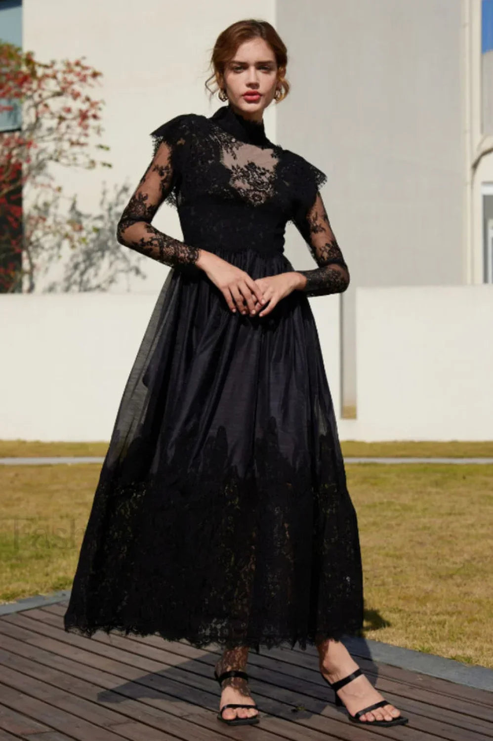 Jamie Black Floral Charming Lace Stitching Dress