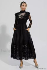 Jamie Black Floral Charming Lace Stitching Dress