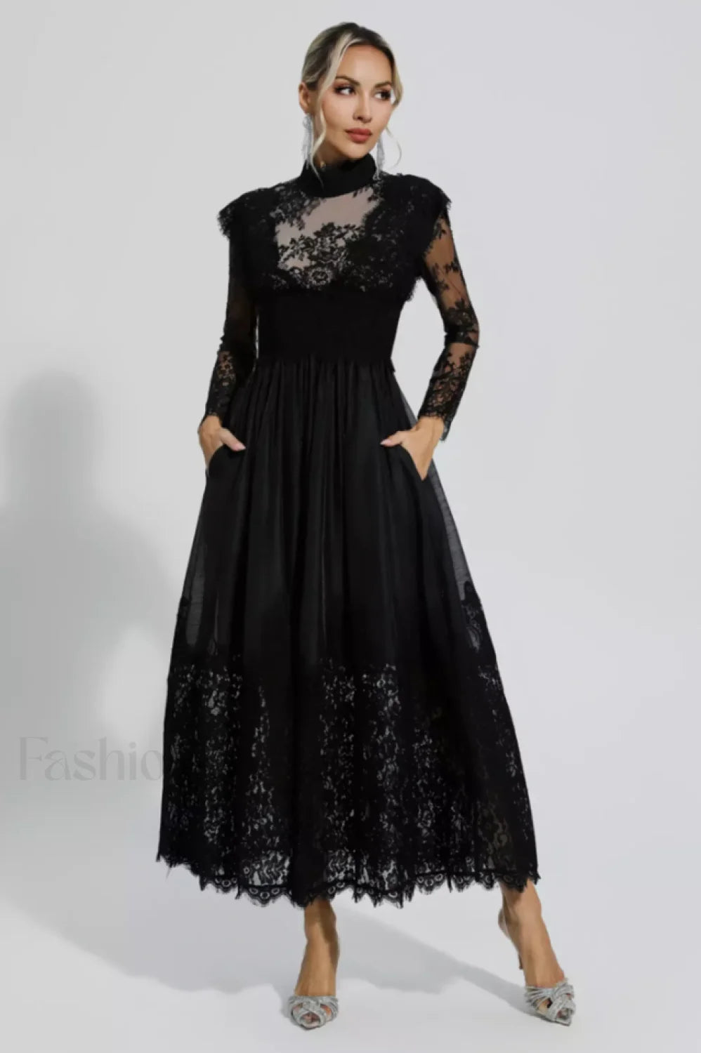 Jamie Black Floral Charming Lace Stitching Dress