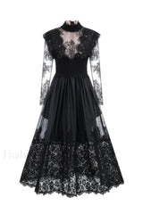 Jamie Black Floral Charming Lace Stitching Dress S / Black