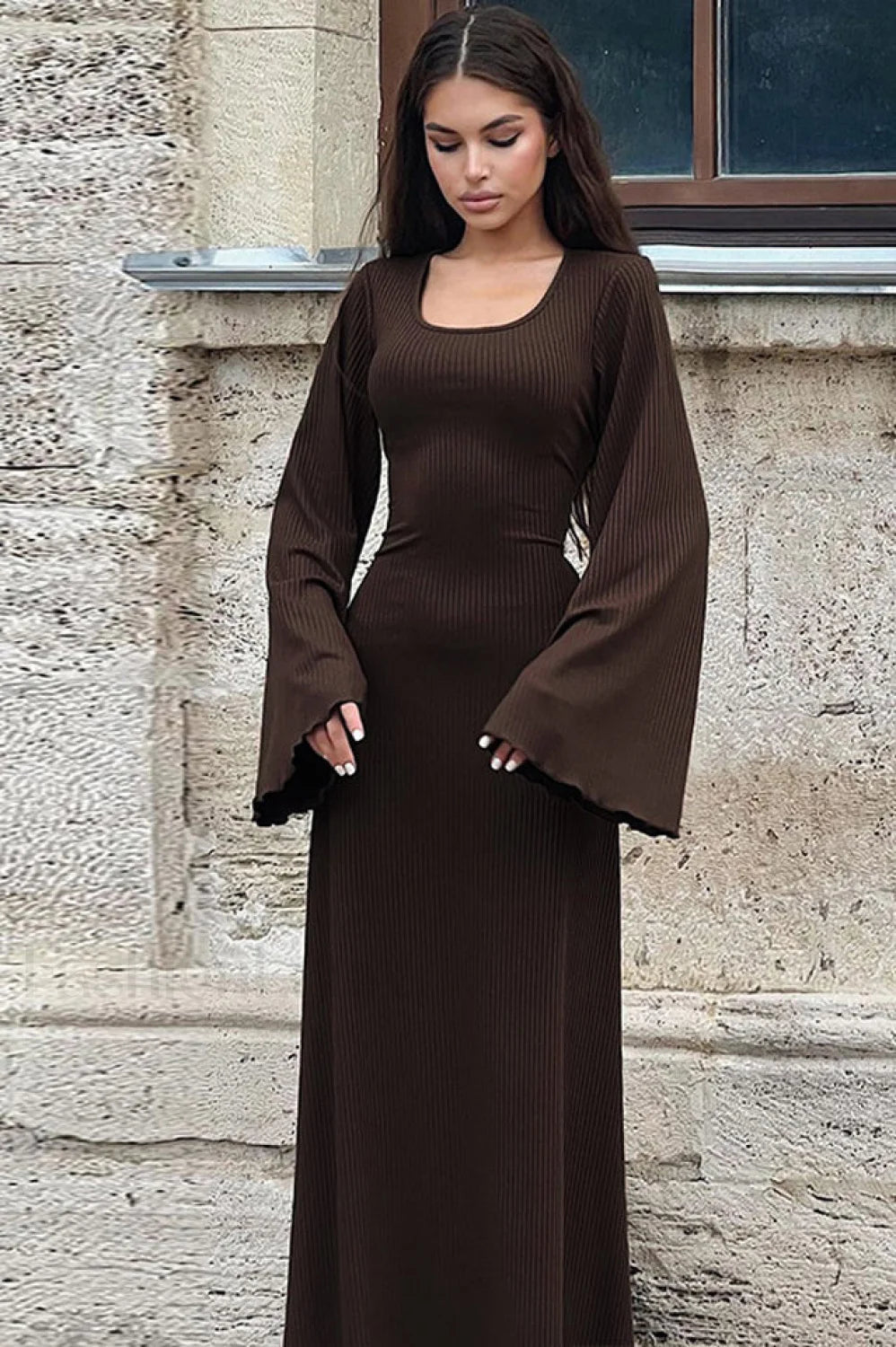Jaye Long Stylish Sleeve Maxi Dress S / Chocolate