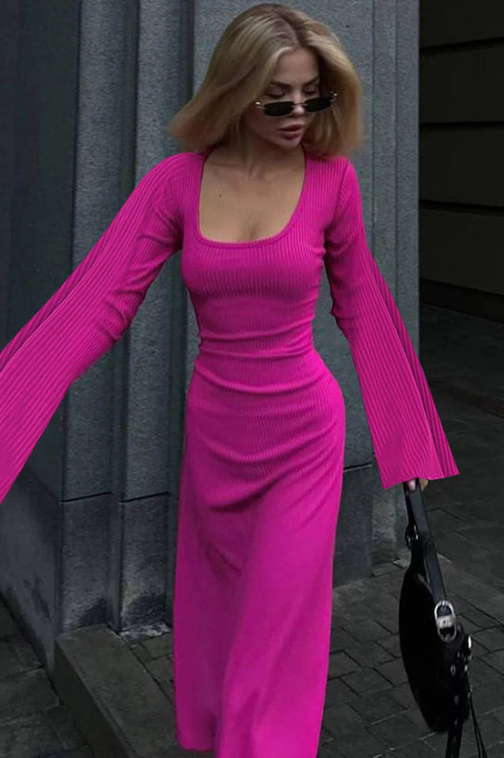 Jaye Long Stylish Sleeve Maxi Dress S / Fuchsia