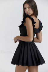 Jemima Black Pin Charming Tuck Pleated Dress