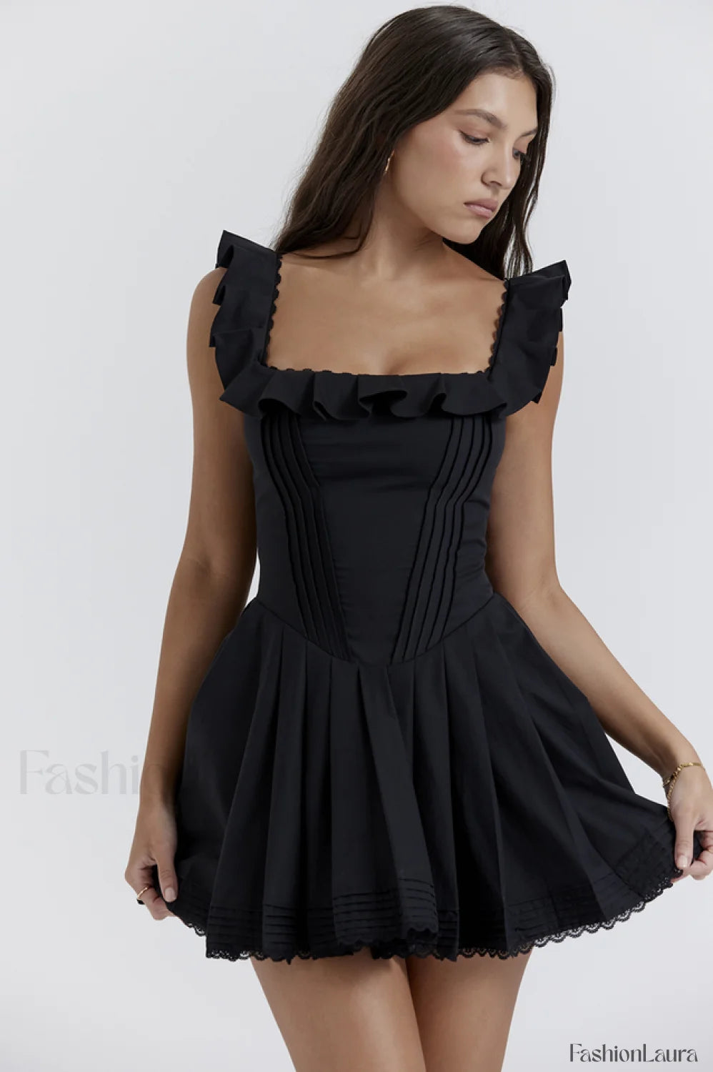 Jemima Black Pin Charming Tuck Pleated Dress