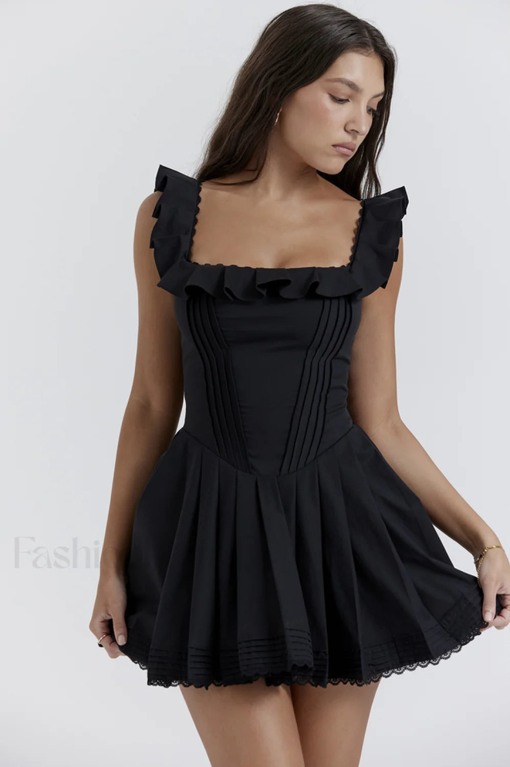 Jemima Black Pin Charming Tuck Pleated Dress