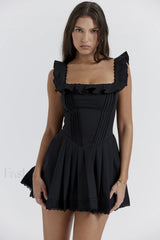 Jemima Black Pin Charming Tuck Pleated Dress XS / Black