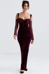 Kaia Evening Stylish Velvet Maxi Dress XS / Burgundy