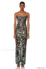 Kamames Strapless Floral Charming Sequined Maxi Dress