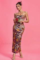 Kamames Strapless Floral Charming Sequined Maxi Dress