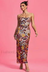 Kamames Strapless Floral Charming Sequined Maxi Dress