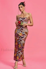 Kamames Strapless Floral Charming Sequined Maxi Dress