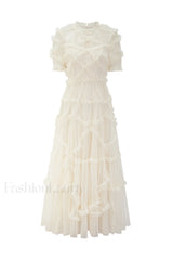 Kinley Ruched Ruffle Charming Hem Maxi Dress S / Ivory