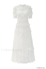 Kinley Ruched Ruffle Charming Hem Maxi Dress S / White