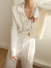 Knit Floral Crocheted Trendy Hollow V neck Cardigan Sweaters L