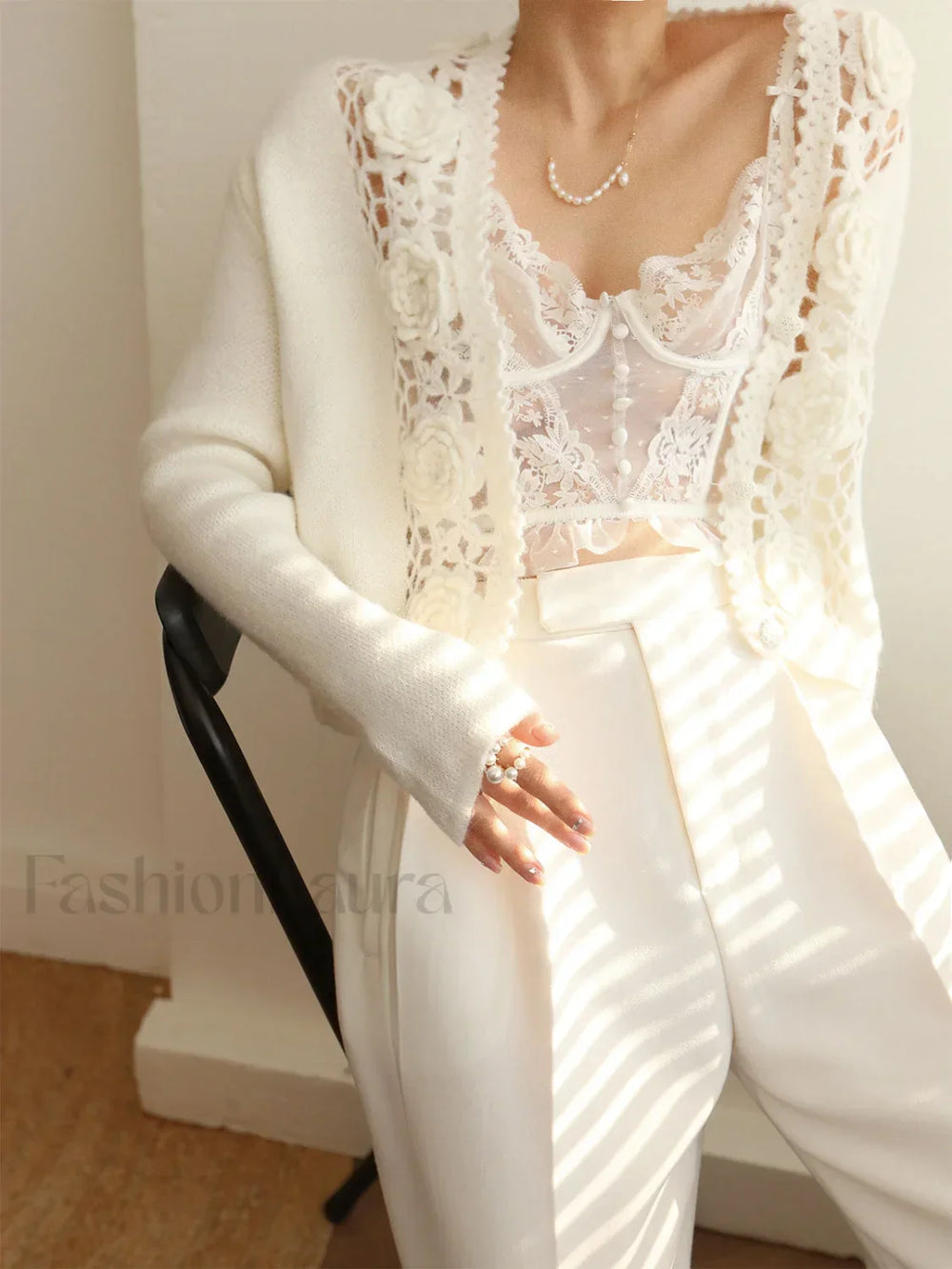 Knit Floral Crocheted Trendy Hollow V neck Cardigan Sweaters L