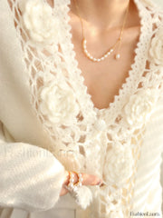 Knit Floral Crocheted Trendy Hollow V neck Cardigan Sweaters L