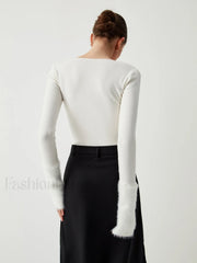 Knit Patchwork Fuzzy Cuff Modern Square Neck Long Sleeve Top Sweaters L