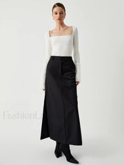 Knit Patchwork Fuzzy Cuff Modern Square Neck Long Sleeve Top Sweaters L