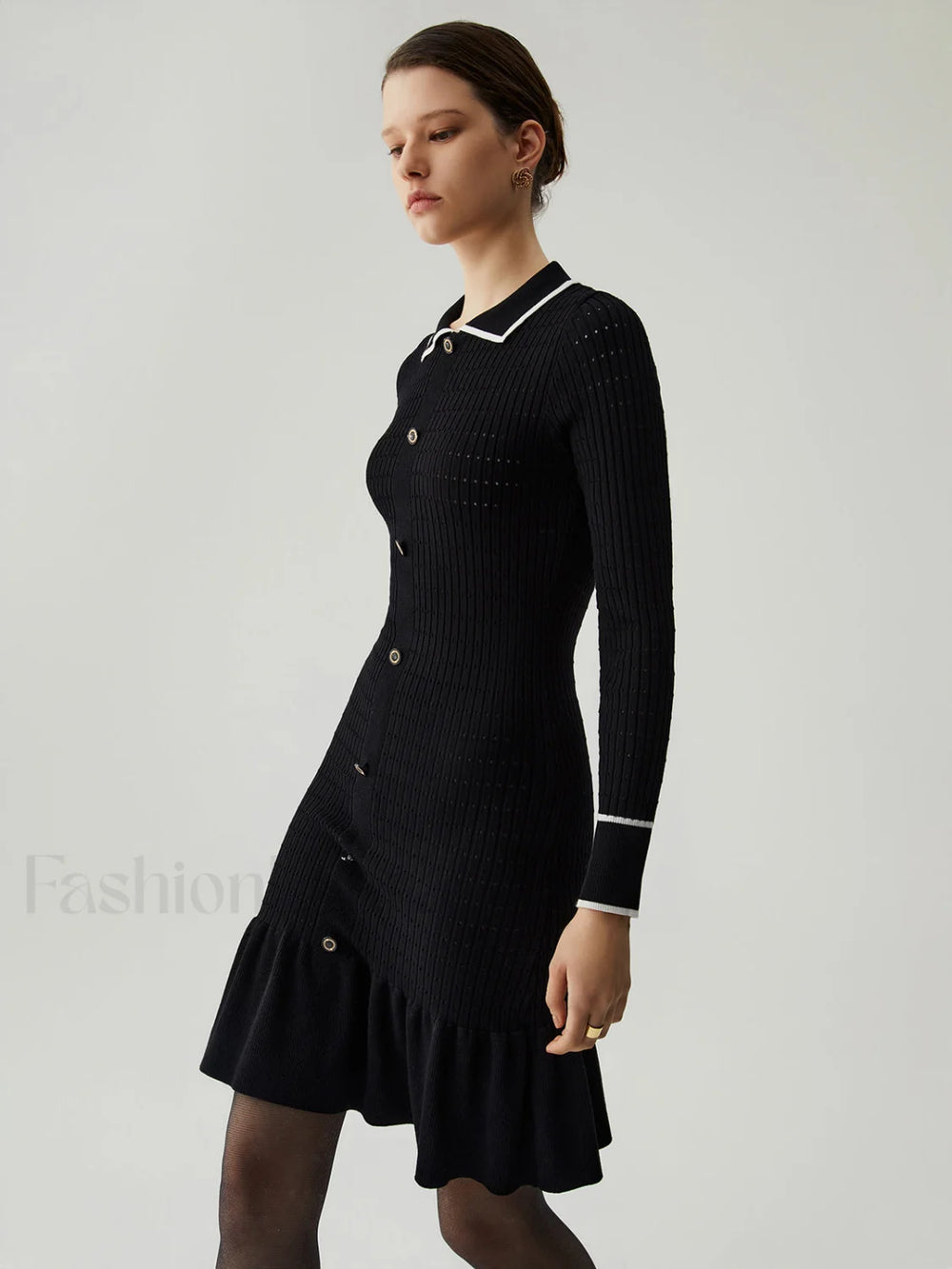 Knit Ruffled Hem Long Modern Sleeve Collar Mini Sweater Dress Sweaters L