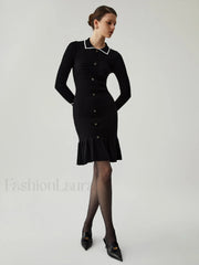 Knit Ruffled Hem Long Modern Sleeve Collar Mini Sweater Dress Sweaters L