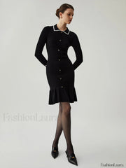 Knit Ruffled Hem Long Modern Sleeve Collar Mini Sweater Dress Sweaters L