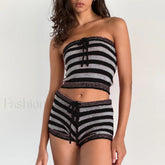 Knit Striped Sleeveless Crop Tube Tops Drawstring Shorts Two Piece Set Black / S