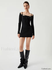 Knit Tied Cutout Long Modern Sleeve Short Sweater Dress Sweaters L