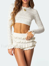 Knitted Crew Tiered Shorts Two Piece Set WHITE / S