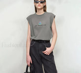 Knitted Letter Embroidered Loose T Shirt Grey / S