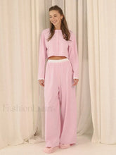 Knitted Long Sleeve Crop Pants Two Piece Set Pink / S