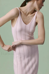 Knitted V Neck Sleeveless Halter Maxi Dress