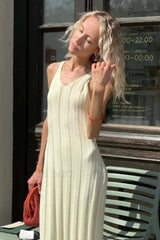 Knitted V Neck Sleeveless Halter Maxi Dress Light Yellow / S