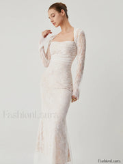 Lace Jacquard Floral Trendy Semi sheer Tied Maxi Dress Dresses