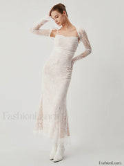 Lace Jacquard Floral Trendy Semi sheer Tied Maxi Dress Dresses