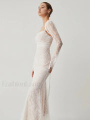 Lace Jacquard Floral Trendy Semi sheer Tied Maxi Dress Dresses