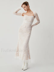 Lace Jacquard Floral Trendy Semi sheer Tied Maxi Dress Dresses