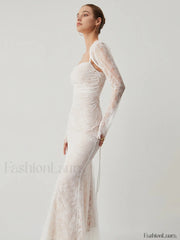 Lace Jacquard Floral Trendy Semi sheer Tied Maxi Dress Dresses