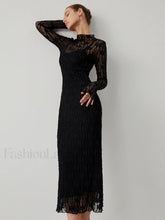 Lace Long Sleeve Trendy Mock Neck Maxi Dress Black / XS Dresses