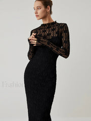 Lace Long Sleeve Trendy Mock Neck Maxi Dress Dresses