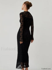 Lace Long Sleeve Trendy Mock Neck Maxi Dress Dresses