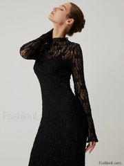 Lace Long Sleeve Trendy Mock Neck Maxi Dress Dresses