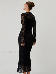 Lace Long Sleeve Trendy Mock Neck Maxi Dress Dresses